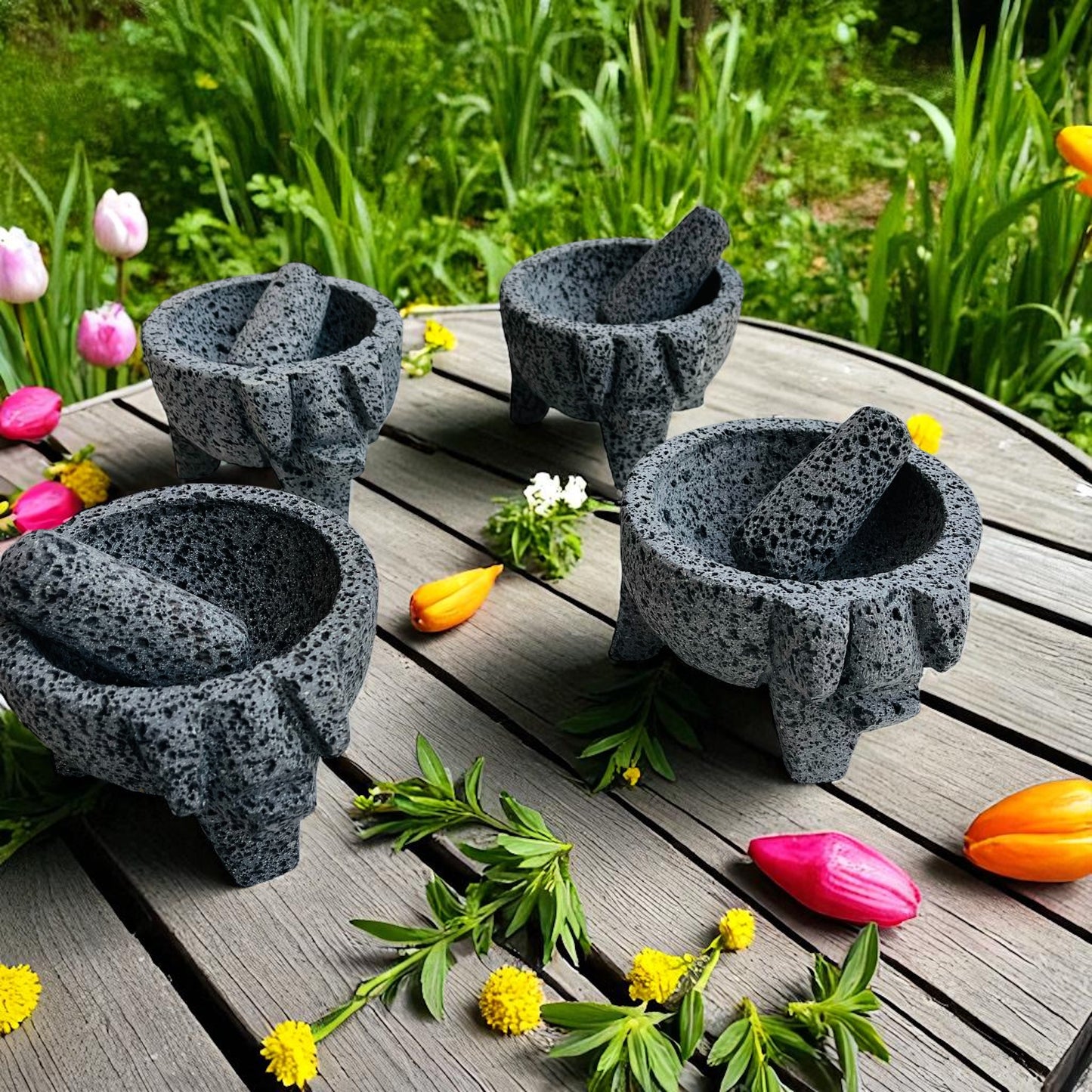 Kit - Molcajetes (13 cm de diámetro) 5 Pulgadas - Hechos de Piedra Volcánica
