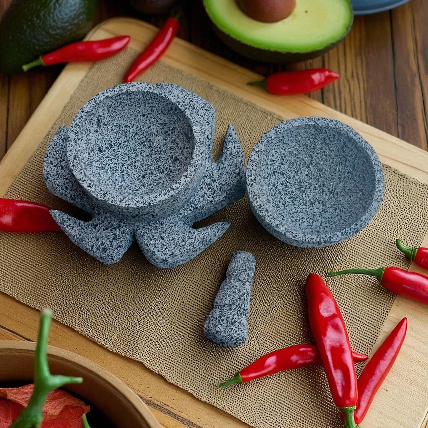 Molcajete de Pulpo Doble - Hecho en piedra volcánica