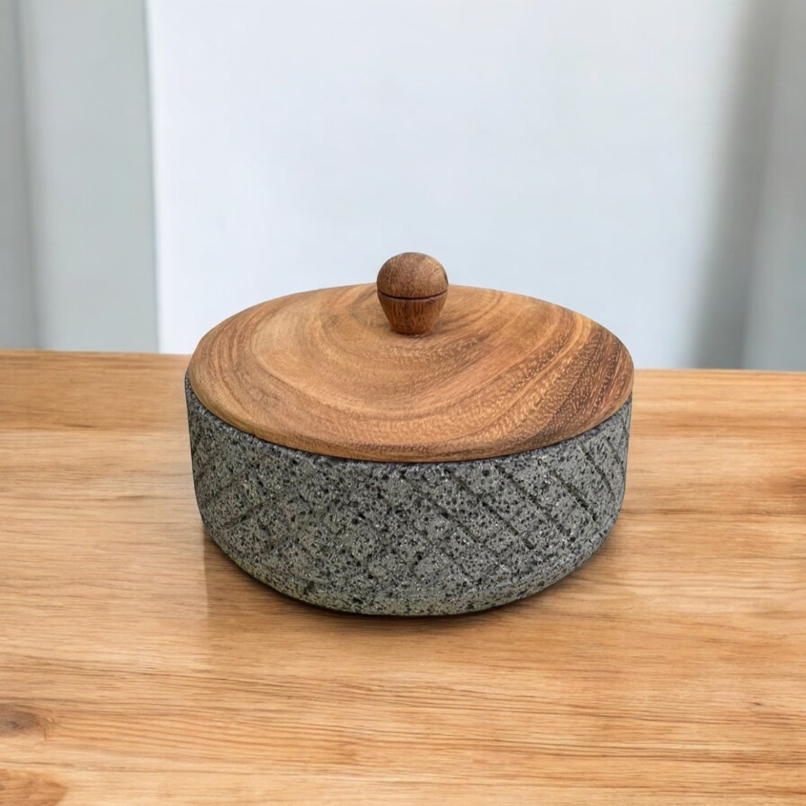 Tortillero de piedra con tapa de madera de pino - Hecho en piedra volcánica