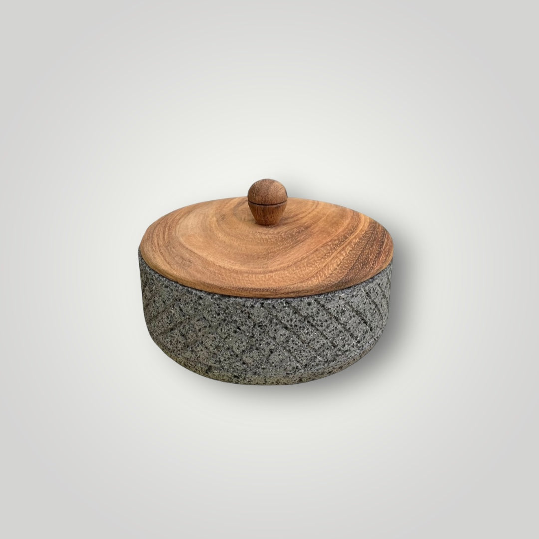 Tortillero de piedra con tapa de madera de pino - Hecho en piedra volcánica