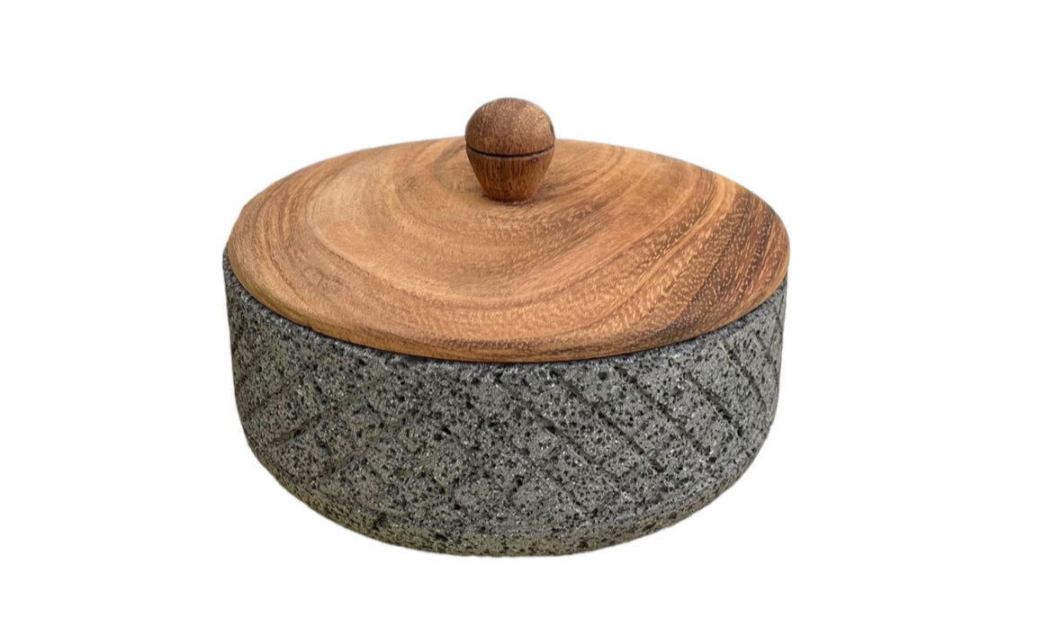 Tortillero de piedra con tapa de madera de pino - Hecho en piedra volcánica