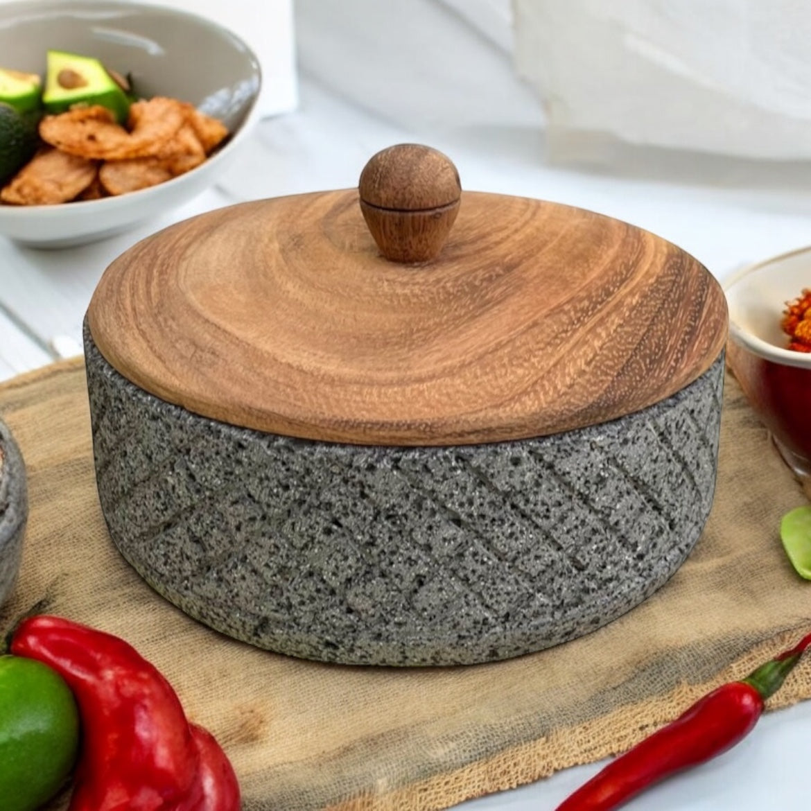 Tortillero de piedra con tapa de madera de pino - Hecho en piedra volcánica